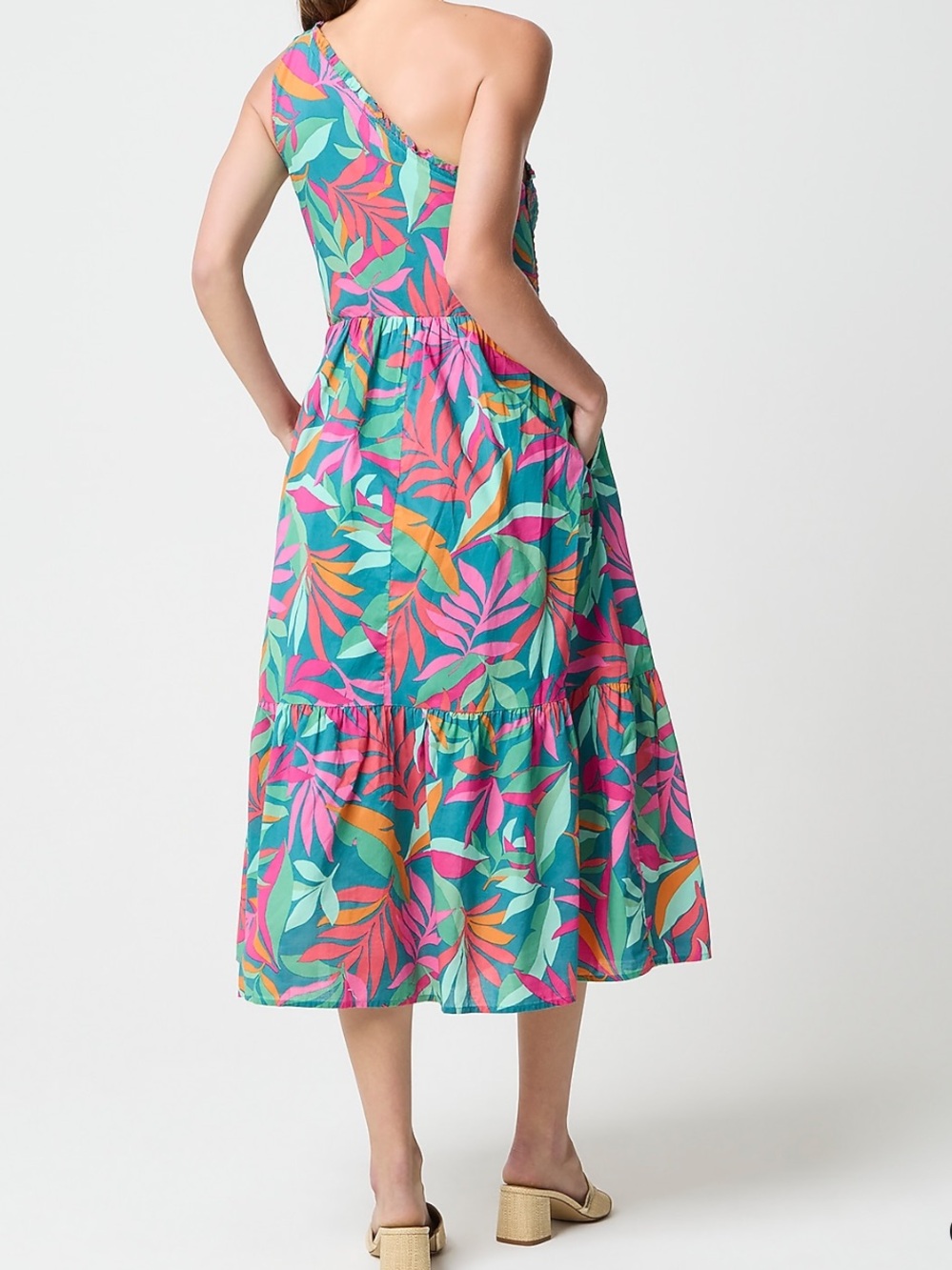 JCREW FACTORY One-shoulder smocked midi dress. Vivid Jade Multi. Large. - Picture 3 of 9